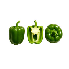 Three Green Bell Peppers: Whole and Halved on Transparent Background