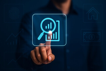 Businessman Touching Holographic Financial Analytics Icon for Investment Data Search in Futuristic Interface with Technology Elements in Background