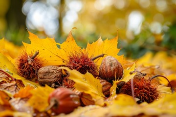 Spiky seed pods and walnuts are resting on a bed of colorful fall leaves creating an autumn still life