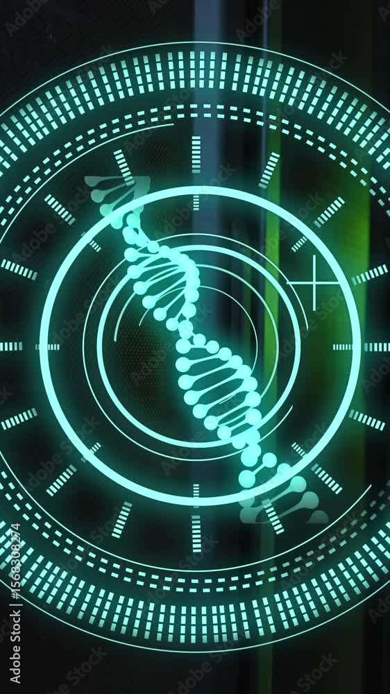Poster animation of scope scanning with dna strand and data processing over server room