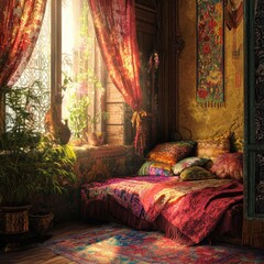 Warm, vibrant bedroom with rich textiles and sunlight