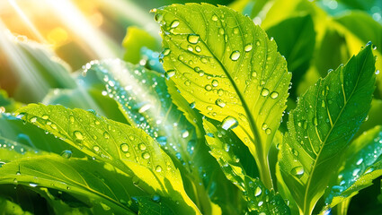 Lush green foliage with sparkling water droplets and warm sun rays, ideal for a clean and uplifting nature-themed backdrop