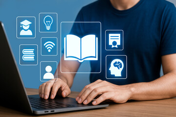 Student engaging digital learning platform, researching educational content through laptop screen