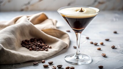 Photo of a delicious espresso martini with coffee beans is ready to drink