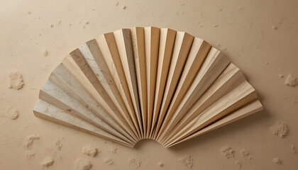 Artful Wooden Fan: An elegant, handcrafted wooden fan is artfully displayed, its intricate design a testament to meticulous craftsmanship, revealing a spectrum of natural wood tones and textures.