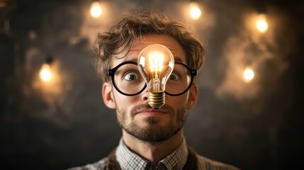Man with lightbulb on his face
