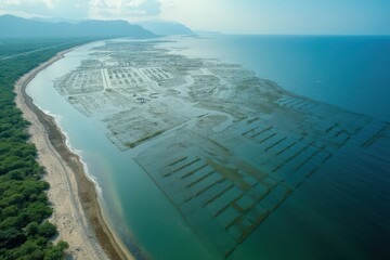Aerial view of shrimp farm near ocean coastline