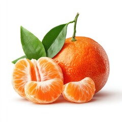 Ripe mandarin orange with segments and leaves