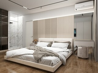 Cozy modern bedroom with a low upholstered bed, soft lighting, wood flooring, wall paneling, marble shower, and minimalistic furniture in neutral beige and white tones