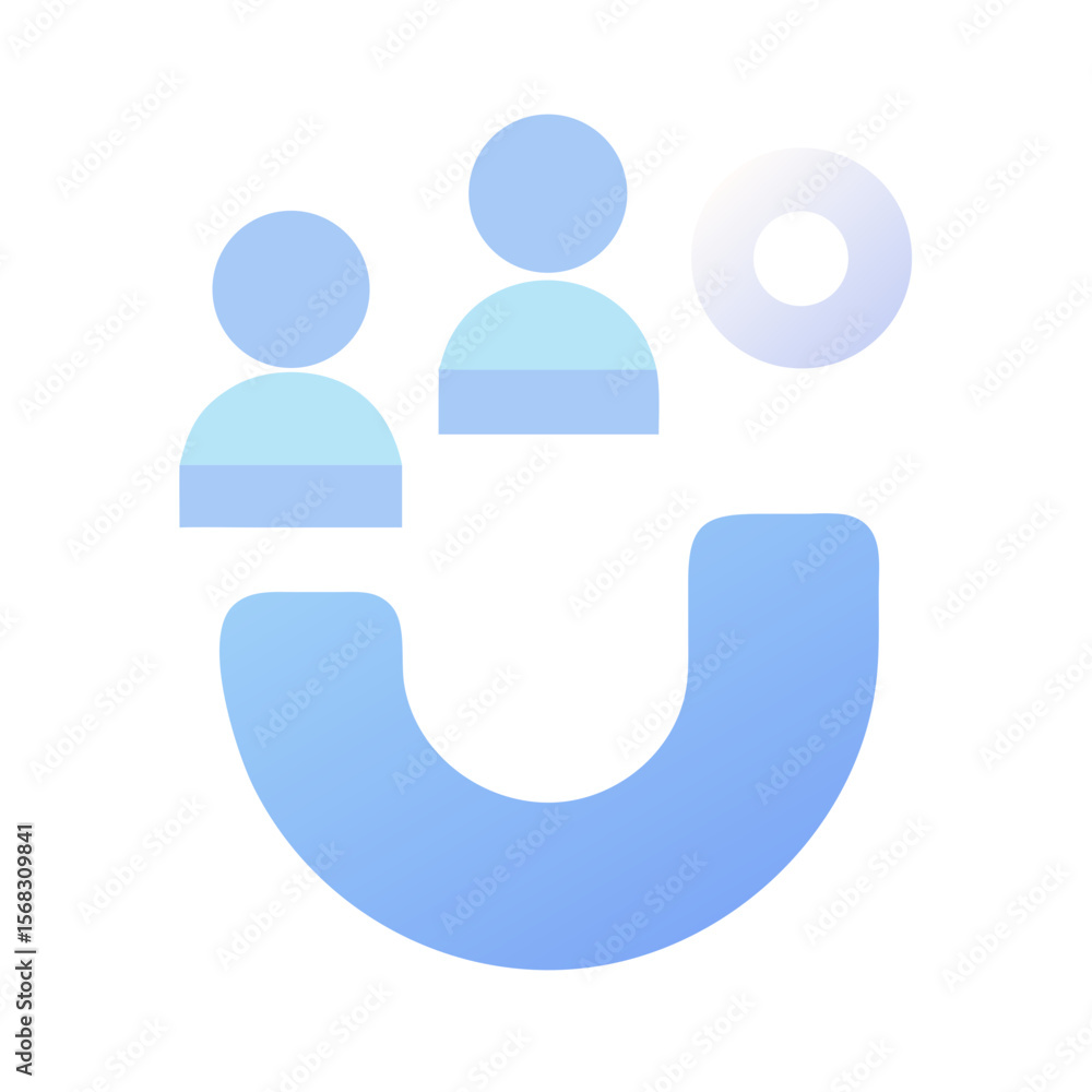 Poster vector art of three people icons arranged in a horseshoe shape with a circular element, isolated on 