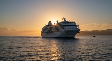 Cruise ship silhouetted against a golden sunset, ocean reflecting the light