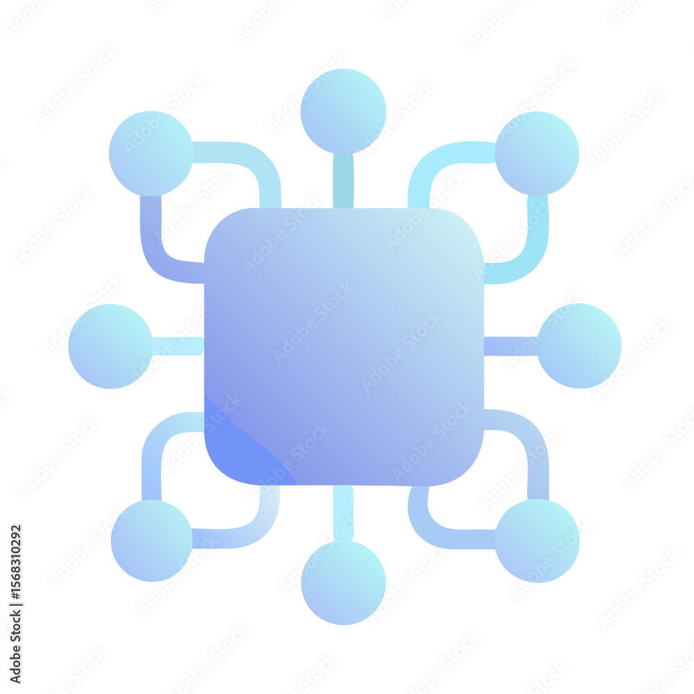 Poster vector art of a blue and purple network icon with a central square connected to surrounding circles 