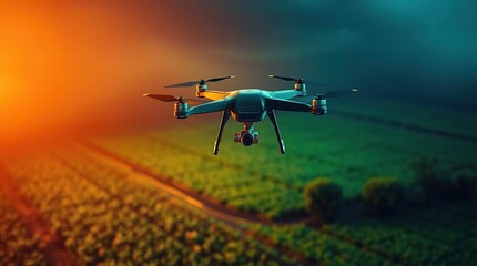 Drone hovering over farmland at twilight