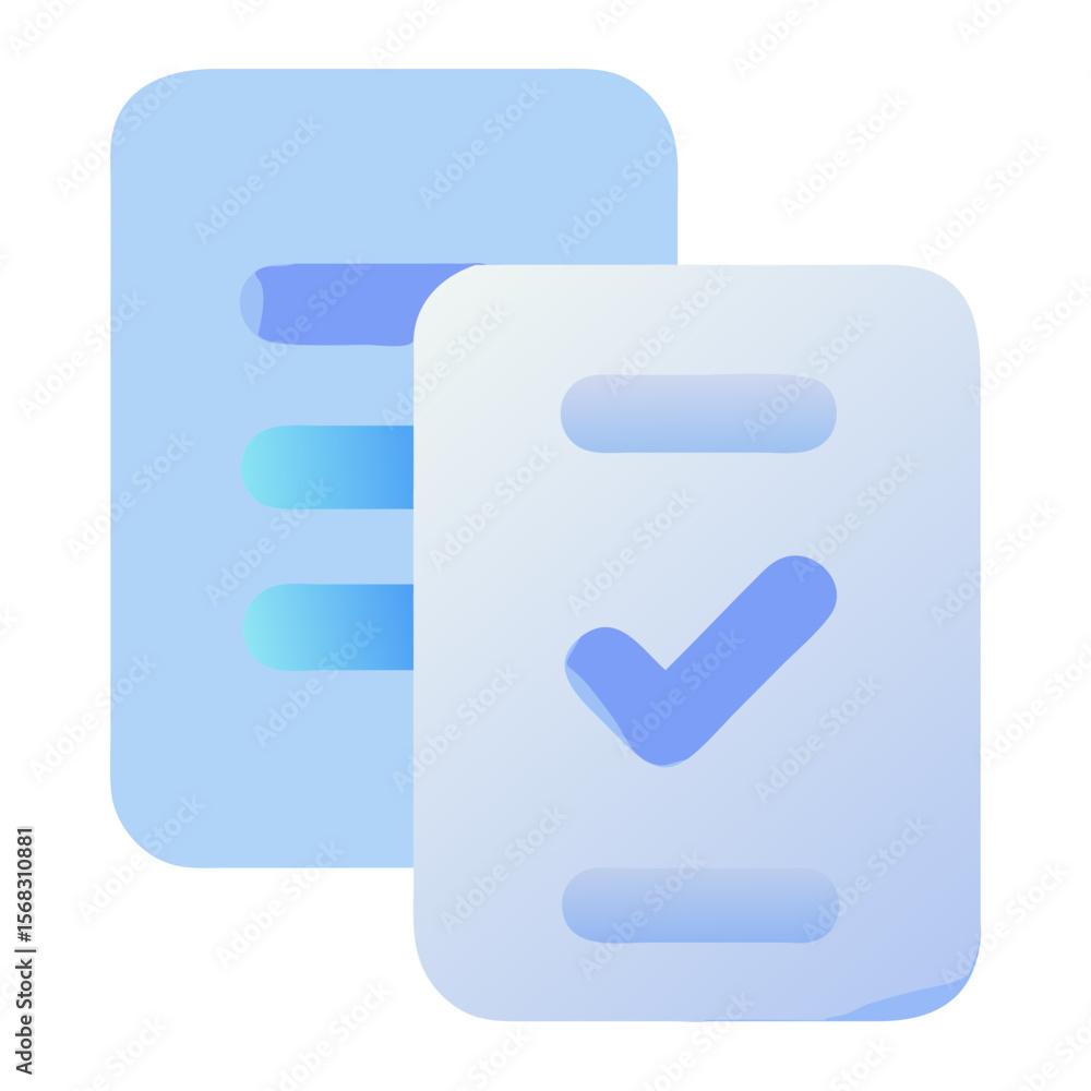 Poster vector art of stylized document icons with a checkmark and lines on a gradient background isolated o