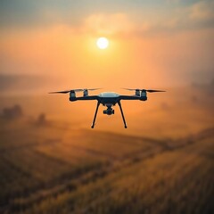 Drone soars above hazy rural landscape