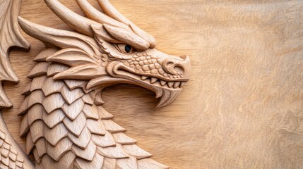 Fototapeta premium Wood Dragon Carving Intricate Details on Textured Oak, Fantasy , Mythical