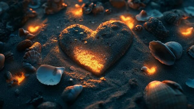 Heart of Sand: Glowing Love on the Beach with Seashells.