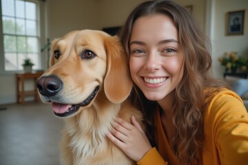 Smiling young woman taking selfie with dog in living room
