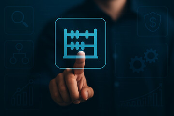 Modern digital hand interface with glowing abacus icon representing technology, finance, data processing, analytics, and secure innovation systems.