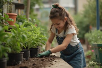 Girl repotting plant