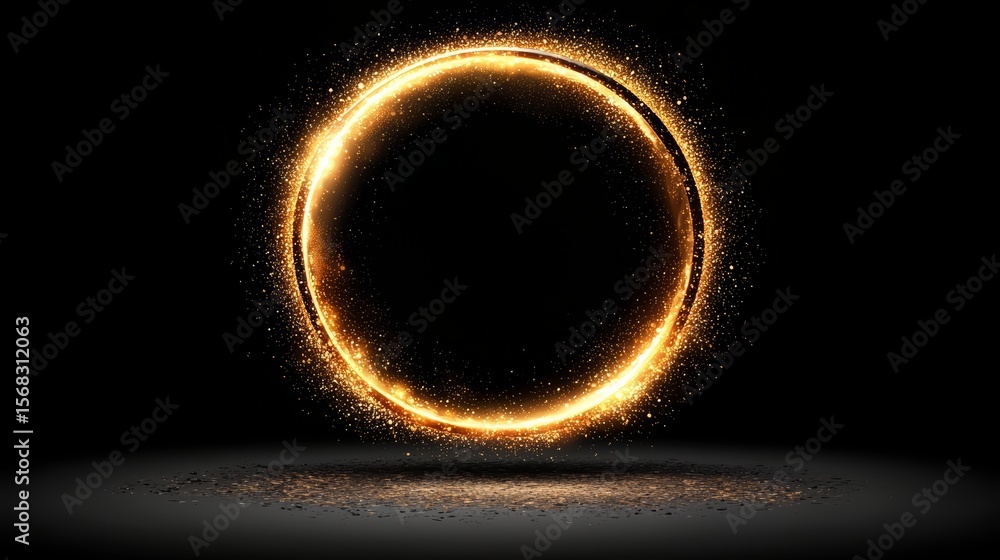 Poster glowing circle of light is surrounded by a dark background. the circle is illuminated and he is floa