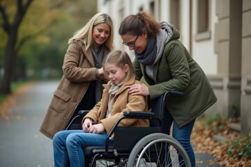 Mother helping disabled daughter in wheelchair putting coat on