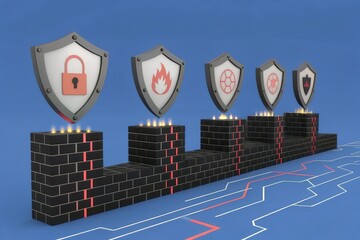 A digital representation of a multi-layered firewall with shields symbolizing security, fire protection, and network defense on a blue background.
