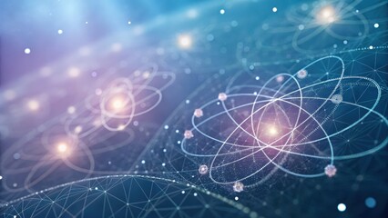 Digital illustration of atomic structures with electrons orbiting nuclei, symbolizing quantum physics and atomic science in a futuristic, technological blue space.