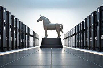 A digital Trojan horse stands on a pedestal between rows of server racks, symbolizing cybersecurity threats and data breaches in a modern data center.
