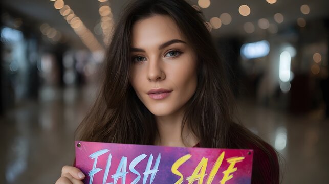 Woman holding a colorful Flash Sale banner in an indoor setting