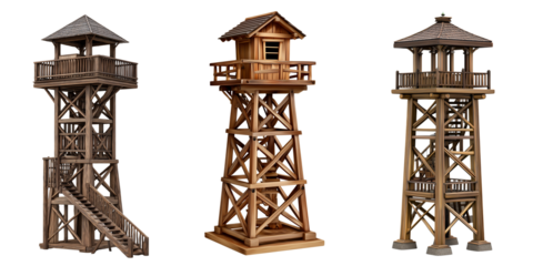 Set of a wooden watchtower, isolated on a transparent background.