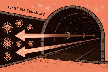 Illustration of quantum tunneling showing particles passing through a barrier, symbolized by arrows moving through a tunnel with quantum particles around.