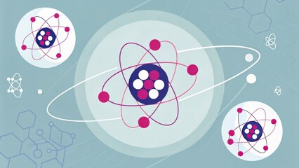 Illustration of atomic models showing a nucleus with protons and neutrons, surrounded by electrons orbiting in paths, representing atomic structure and subatomic particles.