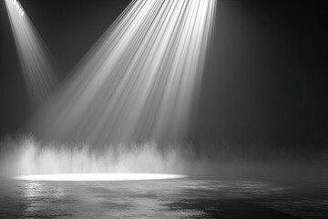 A grayscale studio scene with spotlights