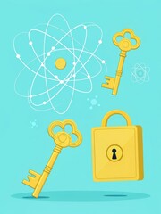 Illustration of golden keys and a lock with atomic structure symbols on a blue background, symbolizing unlocking scientific knowledge or discoveries.