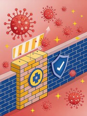 Illustration of a dual-layered brick wall blocking red virus particles, symbolizing protection and immunity against infections.
