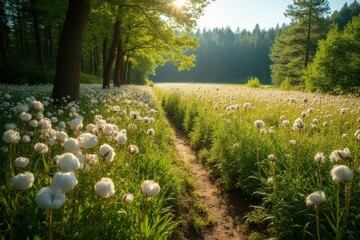 Germnay, National Park, hiking trail between blooming cotton gras and trees,