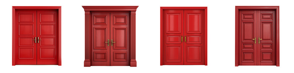 Set of red double doors, isolated on a transparent background.