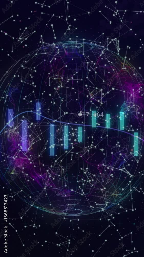 Poster animation of financial data processing with globe and connections on black background