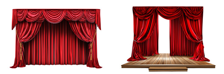 Set of red stage curtains with a wooden podium, isolated on a transparent background.