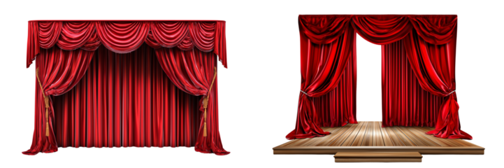 Set of red stage curtains with a wooden podium, isolated on a transparent background.