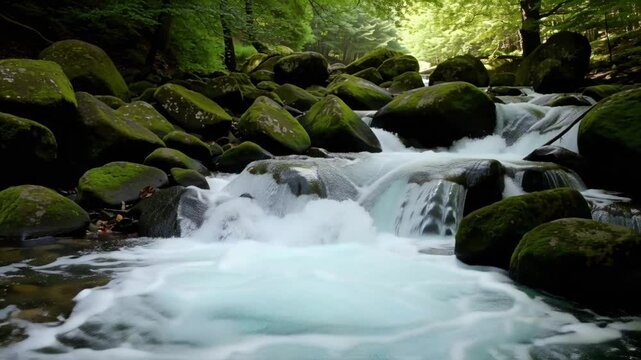 4K natural footage of a short waterfall in a forest stream, with water gushing rapidly over mossy rocks. Rich sound and vibrant greenery.