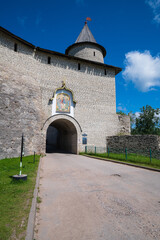 A view of the main gate in the Percy Wall of the Pskov Kremlin, Pskov, Russia.