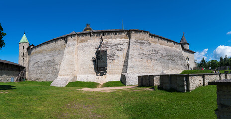 Panoramic view of the Percy Wall of the Pskov Kremlin, Pskov, Russia.