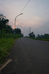 Scenic Countryside Road at Sunset with Lush Vegetation and Power Lines