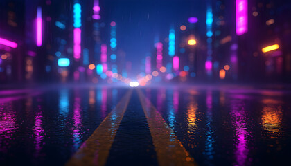 Obraz premium Futuristic rainy road glowing with neon signs and misty atmosphere
