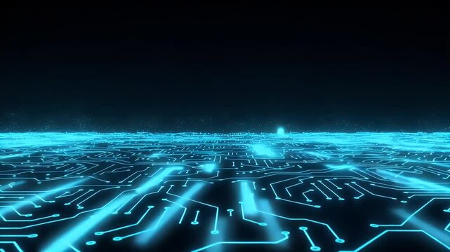 Dark blue circuit board with glowing blue lines for CPU data flow