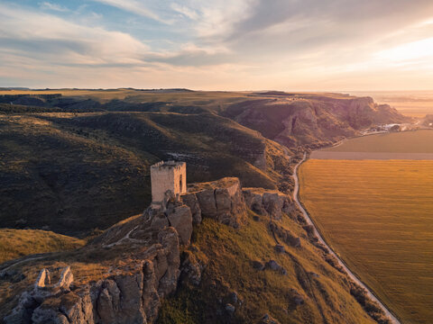 Sunset view of the historic Oreja Castle in Toledo, Spain