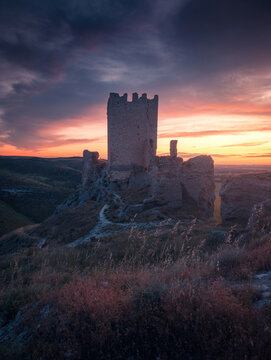 Oreja Castle at sunset with vibrant skies