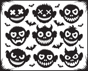 Obraz premium Creepy Halloween Monster Faces Vector Set